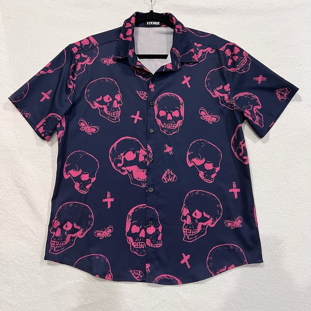 TIXMIE Skull Men's Hawaiian Short Sleeve Button Down Pink Navy Size: Medium-Flaw